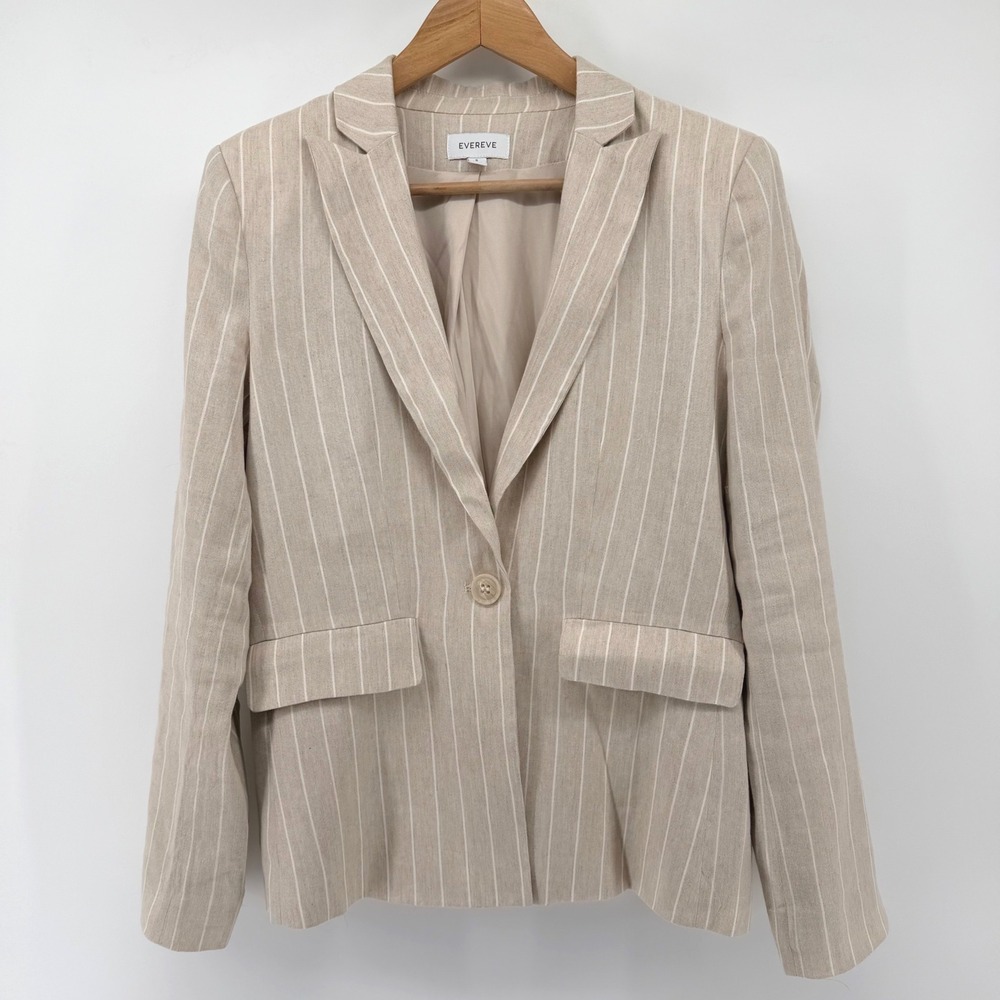 Evereve Womens‎ S Beige Pinstripe Linen Blend Single Button Blazer Jacket